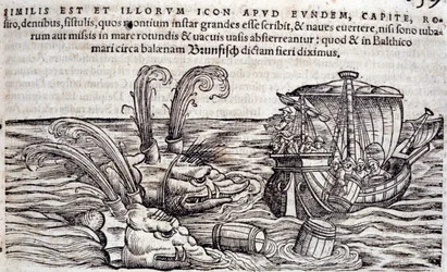 Merimiehet heittävät tynnyreitä mereen häiritäkseen takaa-ajoa olevia hirviöitä. Kaiverrus "Historia Animalium", kirjoittanut Conrad Gesner (1516-1565), Tiguri