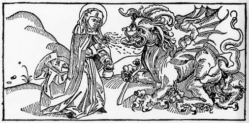 Pyhä Martta ja Taraski - Kaiverrus "Leben der Heiligen - sommerteil" (Pyhän kirja), jonka on kirjoittanut Jacobus (James) Voraginesta (1228-1298). Lyypekki 1488.