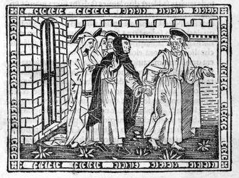 Pyhä Pietari kädestä pitäen Savonarola (Jerome Savonarola) (1452 - 1498) - "" Compendium of Revelatione"", inkunaabuli 23.4.1496.