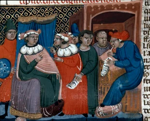 Scene of Process Miniature otettu Justinianuksen koodista (Codex Justinianus), kokoelma lakeja ja instituutioita, jotka julkaistiin Bysantin keisarin Justinianus I:n (483-565) alaisuudessa.