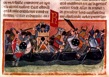 Meritaistelun kohtaus Pienoiskuva ranskalaisesta koodeksista pergamentille ”Roomalaisten tosiasiat” kertoo muinaisesta historiasta Jules Cesariin (101 eKr.–44 eKr.) asti. 1200-luvun Venetsia, biblioteca Marciana