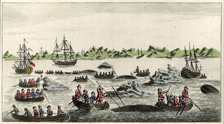 Valankalastuskohtaus Grönlannissa 1700-luvulla, nimetön suosittu printti ajalta