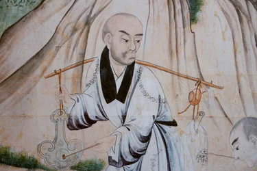 Kiinan arjen kohtauksia, kiinalaisen tapetin yksityiskohta, kiinalainen kaappi, metsästysasunto, kirjoittanut Filippo Juvarra (1678-1736), Stupinigi, Piemonte, Italia