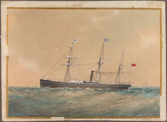 Satsuman lipun alla purjehtiva ruuvihöyrylaiva, luultavasti "Lotus", 1800-luvun alku (vesiväri).