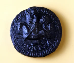 Simonin Montfort IV:n (1150 - 1218) sinetti, hän osallistui 5. ristiretkeen vuonna 1202 ja Albigeereja vastaan vuonna 1209.