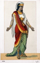 Sarja kromolitografioita oopperapukuista Giuseppe Verdin Aidan ensimmäisen esityksen yhteydessä: Aida. 1872