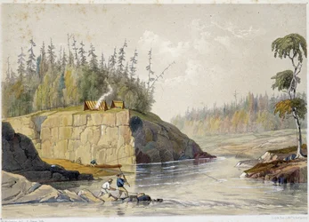 Uudisasukkaat Kanadassa kalastamassa joessa - William Hickmanin "" Luonnokset nipisaguitista, New Brunswickin joesta Amerikassa"" Halifax