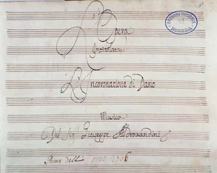 Nuottisivu Giuseppe Aldrovandinin teokseen "Dareioksen kruunajaiset" (1703)