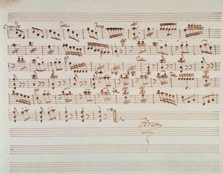 Nuottisivu ensimmäiselle viululle Mozartin oopperan Mithridate, Pontin kuningas avauksessa (1770)