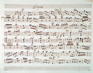 Nuottisivu ensimmäiselle viululle Mozartin oopperan Mithridate, Pontin kuningas avauksessa (1770)