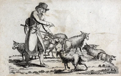 Paimen lammaslaumansa kanssa. Kaiverrus 1700-luvun lopulla. Yksityinen kokoelma.