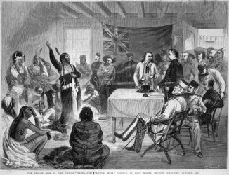 Sitting Bull ja Buffalo Bill: Sitting Bull Council Fort Walshissa, Brittiläisellä alueella, sodan aikana intiaanien kanssa, lokakuu 1877