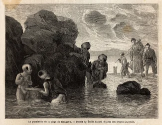 Pieniä kalastusaktiviteetteja rannalla Sinagawassa, lapset roiskuvat vedessä ja pyytävät rapuja ja pieniä kaloja. Kaiverrus havainnollistamaan matkaa Japaniin vuosina 1863-1864, Sveitsin valaliiton ministeri Aime Humbert teoksessa "" Le tour du monde, nouv