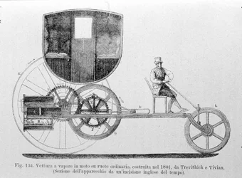 Höyryauto asennettuna tavalliseen, Trevithickin ja Vivianin vuonna 1801 rakentama. Kaiverrus 1800-luvulta.