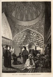 Tataarit rukouksessa Schushan moskeijassa (Transkaukasia, Venäjä). Kaiverrus havainnollistamaan matkaa Kaukasuksen maakunnissa, Basile Vereschaguine, 1864-1865, julkaistu "" le tour du monde" -lehdessä, D