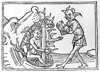 Belialin oikeudenkäynti: "Demoni Belial palaa manalan sisäänkäynnille". Kaiverrus Jacobus de Teramon (tai Palladinon) teoksesta "The Belial Process", Augsburg