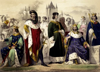 Kapetsialaiset 1270-1322. Philip III Hardi, Philip IV Bel, Ludvig X Hutin, Philip V Pitkä, Kaarle IV Bel. Kaiverrus 1800-luvulta.