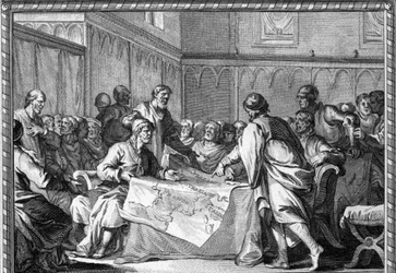 Karolingien valtakunta jaettiin Ludvig hurskaan kolmen pojan: Lothaire I:n, Louis Germaanisen ja Kaarle Kaljuun kesken Verdunin sopimuksen (843) mukaan. Kaiverrus 1700-luvulta.