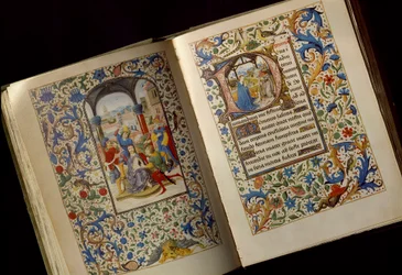 Orjantappurakruunaus. Avoimen käsikirjoituksen aukeama teoksesta ”Burgundin Marian tuntien kirja (1457-1482)” (Cod. 1857), 1400-luvun loppu, Itävallan kansalliskirjasto, Wien