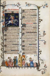 Tanskan prelaatti ja valtiomies Absalon eli Axel (1128-1201), joka pyyhkäisi Tanskan merirosvoilta, kuolee ripustettuna puuhun. Alla, hulluuden vertauskuvana, profeetta Daniel selittää unensa kuningas Nebukadnessarille. Oikealla kohtaus sakramentin