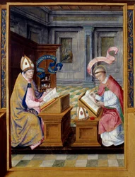 Jerusalemin Eveque Pyhän Kyrilloksen (315-386) ja Pyhän Augustinuksen (354-430) miniatyyri 1500-luvun pergamentilla. Ecouen, kansallinen renessanssimuseo