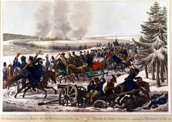 Ranskan joukot vetäytyivät ohittamalla Beresinan (Berezina) 26.11.1812. Kaiverrus 1800-luvulta.