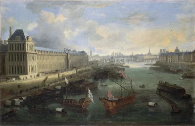 Louvren Grande Galerie, Pont-Neuf, Cité, Collège des Quatres-Nations, n. 1670 Seinen varrella, kuninkaallinen kaleeri, vuosien 1670 ja 1685 välillä (öljy kankaalle).
