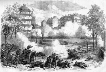 Pariisin kommuuni vuonna 1871. Kenraali de Cisseyn armeijajoukon hyökkäys liittovaltioiden (communards) barrikadeille Pantheonin edessä 24. toukokuuta 1871, verisen viikon alussa (22. - 28. toukokuuta 1871).