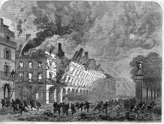 Pariisin kommuuni vuonna 1871. Valtiovarainministeriön tulipalo, jonka aiheuttivat federes (communards) verisen viikon aikana (22.-28.5.)