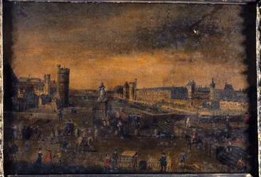 Pont-Neuf, nähtynä Place Dauphine -aukion sisäänkäynniltä, Hôtel de Nevers, Tour de Nesle, Grande Galerie ja Porte Neuve sekä Louvre, noin 1640, nykyiset 1. ja 6. kaupunginosat, vuosien 1635 ja 1645 välillä (öljy kankaalle).