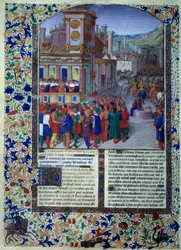 Roomalaiset valmistelevat Veiesin istuinta vuonna 396 eKr. Miniatyyri "" Histoire romainesta" (Ad urbe condita), kirjoittaja Tite Live (59 eKr.-17 jKr.) (Titus Livius), kääntäjä Pierre Bessuire 1450-1500 Paris, BN
