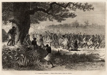 Vouagogo (Tansanian heimo) valmistautumassa sotaan, puun alla, tarinan kirjoittaja Henry Morton Stanley (1841-1904). Kaiverrus havainnollistamaan matkaa etsimään Livingstonea Keski-Afrikasta, kirjoittanut Henry Stanley, New-Y:n kirjeenvaihtaja