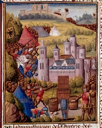 Pienoiskaupungin hyökkäys ""Rooman historiasta"" (Ad urbe condita), kirjoittanut Tite Live (59 eKr.-17 jKr.) (Titus Livius), kääntänyt Pierre Bressuire (ms. 310) 1450-1500 Chantilly, Musee Conde