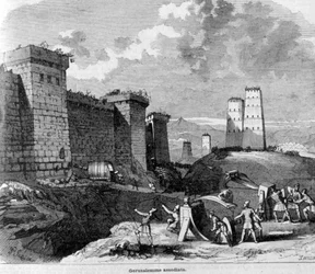 Titus ja hänen armeijansa valloittivat Jerusalemin noin vuonna 80 jKr. 1800-luvun kaiverrus.