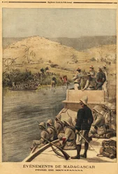 Ranskan armeija valtasi Mevatananan (Madagaskar). Kaiverrus "" Le petit Journal" -lehdessä 30.6.1895. Selvan kokoelma.