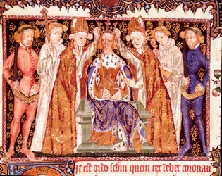 Kuninkaan kruunaus, luultavasti Englannin kuningas Rikhard II:n (1367-1400). Miniatyyri kruunajaismenoja käsittelevästä käsikirjoituksesta "Liber regalis", 1300-luku. Pamplona, Navarran arkisto