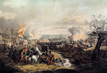 Brunswickin herttua Frederic Guillaumen (1771-1815) kuolema Quatre Brasin taistelussa 16.6.1815 Marechal Michel Neyn (1769-1815) ranskalaisten joukkojen ja Wellingtonin herttuan brittien välillä. Painos vuodelta 1815. Paris, Musee de l