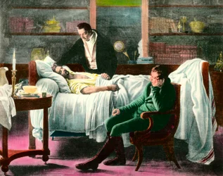 Ranskalaisen lääkärin Francois Xavier Bichatin (1771-1802) kuolema. Kuva 1800-luvulta. Yksityinen kokoelma