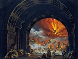 Pompejin tuho (Vesuviuksen purkaus). Maalaus Giovanni Pacinin oopperaan "Pompejin viimeinen päivä". 1817. Teatro alla Scala Milanossa.