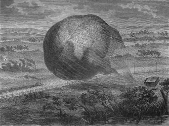 Pallon "" The Giant"" putoaminen Hannoverin tasangoilla vuonna 1863, mukana: Jules ja Louis Godard, Felix Nadar, hänen vaimonsa, Fernand Montgolfier ja Thirion. Teoksessa ”Album de la Science”, Editions Jouvet