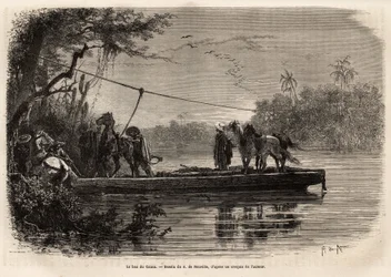 Lautta ylittää Cauca-joen. Kaiverrus havainnollistamaan matkaa New Granadaan, tohtori Saffray, vuonna 1869, julkaistu "" Le tour du monde""" 1873, toimittanut Edouard Charton, painos Hachette, Paris. Selva Collection.