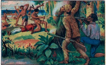 Taistelu villien kanssa. Kuvitus Daniel Defoen (Defoe) kirjalle "" Robinson Crusoe"". 1800-luvun lopun kromolitografia.