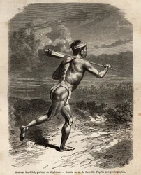 Keisarillinen juoksija kantaen Mikado-depechesia. Kaiverrus havainnollistamaan matkaa Japaniin vuosina 1863-1864, Sveitsin valaliiton ministeri Aime Humbert Edouan johdolla julkaistussa "" Le tour du monde, nouveau journal des voyages" -julkaisussa.