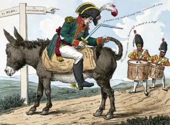 Modernin sankarin matka Elban saarelle. Modernin sankarin matka Elban saarelle. Tämä sarjakuva näyttää Napoleon Bonaparten istuvan aasin selässä tiellä Fontainebleausta Elban saarelle; hän pitää miekkakoteloa toisessa kädessään ja