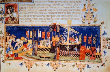 Veneiden lastaus pienoisristiretkelle "" Pyhän Hengen ritarikunnan säännöistä (Pyhän Hengen järjestys) oikeaan tahtoon" (Solmukunnan järjestys) 1352 Paris, B.N.