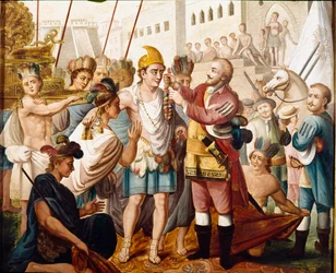Hernan (tai Hernando) Cortesin tai Fernand Cortezin (1485-1547) ja atsteekkien kuninkaan Montezuman (tai Moctezuma: 1466 - 1520) tapaaminen marraskuussa 1519 Anonyymi maalaus 1800-luvulta. Amerikan museo, Madrid.