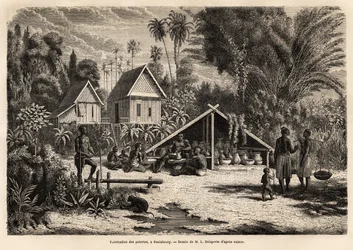 Keramiikkatuotanto Saniabouryssa (Laos). Kaiverrus havainnollistamaan tutkimusmatkaa Indokiinassa, luutnantti de Vaissseau Francis Garnier, vuosina 1866-1868, julkaistu "" Le tour du monde""" 1870-1871, toimittanut Edouard Charton, painos Hac
