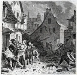 Lillen parranajoastia. Jakso Lillen piirityksestä 1792 Ranskan vallankumoussotien aikana - Le siege de Lille en octobre 1792 - Revolution francaise - Itävaltalaisten ja preussilaisten pommitukset - Parturi käyttää puolipommia partaastiana - engr