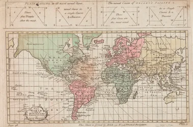 Maailma Mercatorin tai Edw Wrightin projektion mukaan, noin 1730 (kaiverrus).