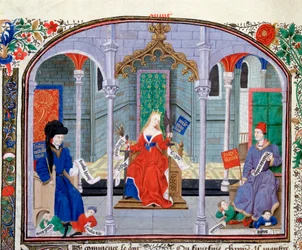 Oikeudenmukaisuuden teoria. Miniatyyri käsikirjoituksesta (Ms 927 Fol.71v) "" Kommentti poliittisesta ja taloudellisesta etiikasta"" kreikkalaisen filosofin Aristoteleen (383-322 eKr.) kääntäjä Nicolas Oresme (1325-1382)